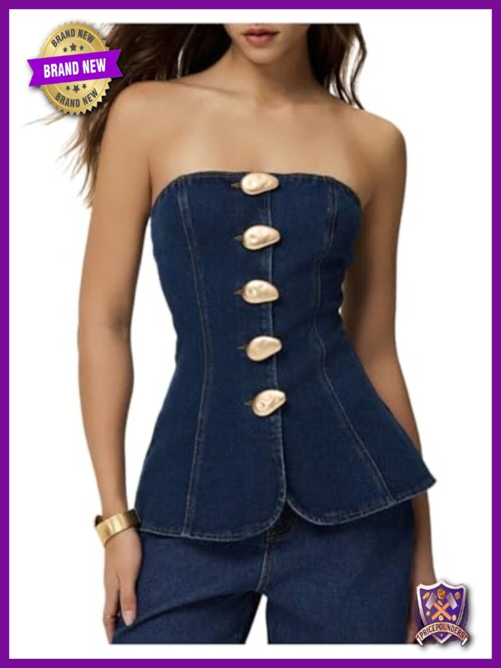 Women's Strapless Metal Button Front Tube Top Sleeveless Slim Fit Denim